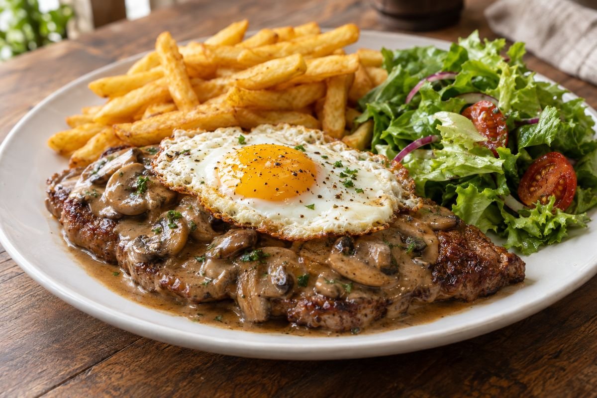 Bife da casa — House steak, mushroom gravy
